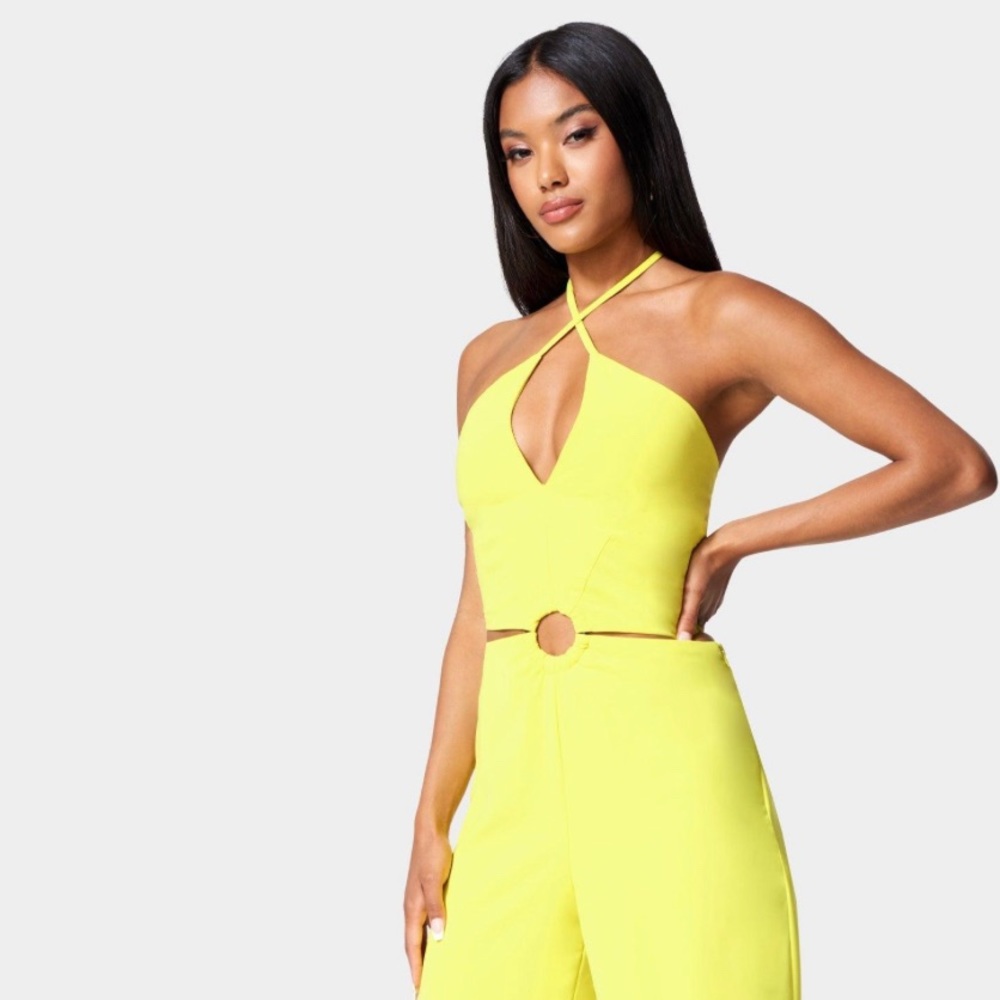 BEBE HALTER RING DETAIL CUT OUT WIDE LEG JUMPSUIT